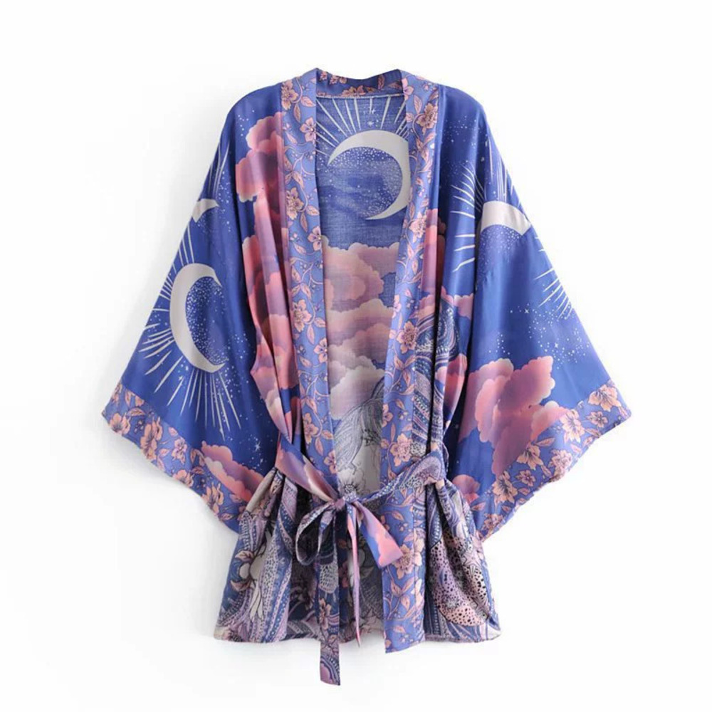 Womens Rayon Placement Water Print Belted Kimono